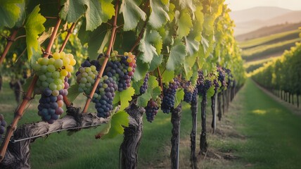 Ripe Wine Grapes on Vine at Sunset - Vineyard Harvest Season in Wine Country