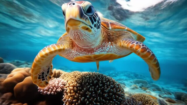 Sea turtle swims, close-up, clear water, ocean floor below