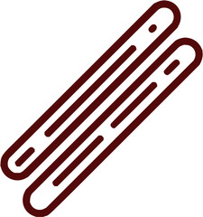 Illustration of two parallel maroon colored ski equipment with rounded edges and line details shown at an angle