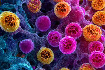 Vibrant microscopic cell structures in bright colors.
