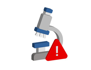 Simple 3D illustration of a microscope icon with a warning sign, transparent background, png format