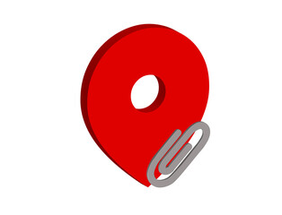 Simple 3D illustration of a location pin icon with a paper clip, transparent background, png format