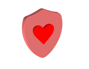 Simple 3D illustration of a shield icon with a heart, transparent background, png format