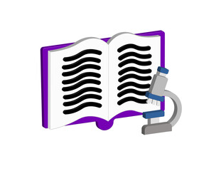 Simple 3D illustration of an open book icon with a microscope, transparent background, png format