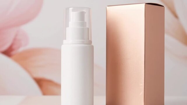 White pump bottle wclear cap beside rose gold box soft pink backdrop