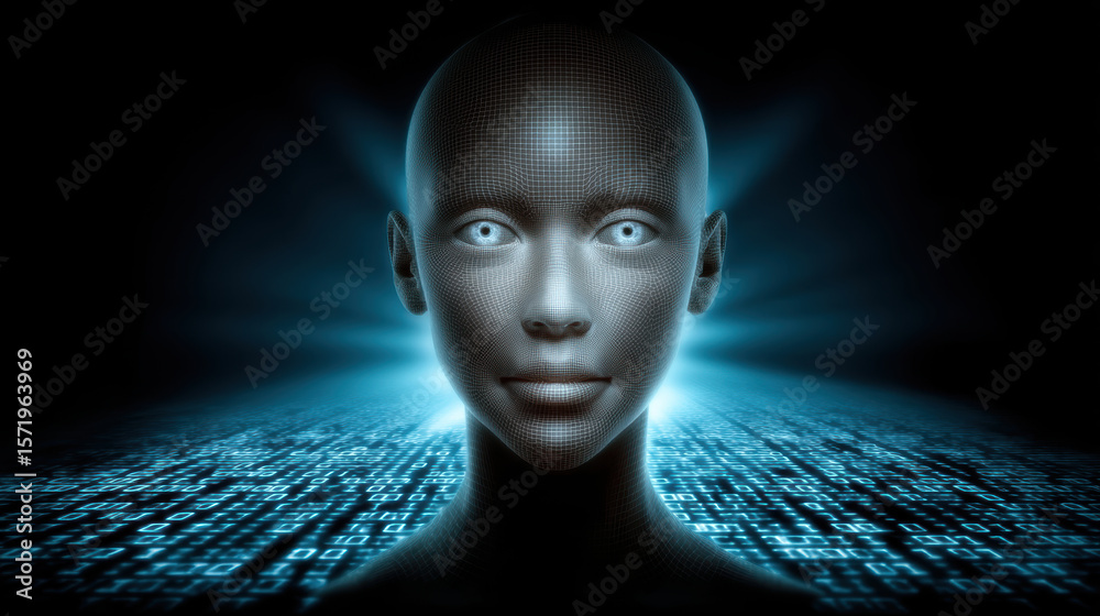 Poster digital humanoid face with glowing eyes emerges from matrix of binary code, symbolizing artificial i
