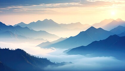 Fototapeta premium Mountains Rising Above Fog at Sunrise Scenery