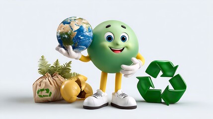 Cheerful character with globe, plants, waste bags, and recycling symbol promoting environmental awareness