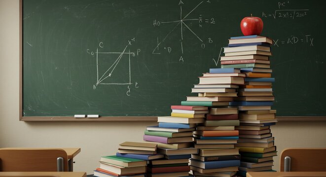 Stacked Books with Apple on Top in Classroom Setting, Chalkboard Background - Powered by Adobe