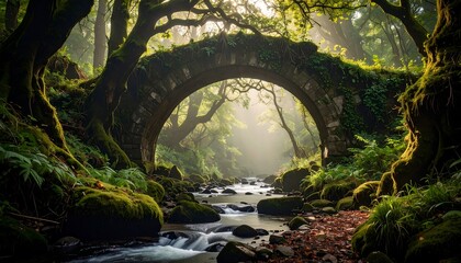 Old Stone Arch Bridge Over Forest Stream with Sunlit Trees