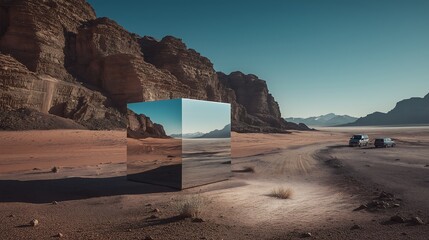 Mirrored Cube Installation in Vast Desert Landscape with Mountains

