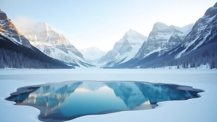 Majestic Frozen Lake Landscape with Snow Covered Mountains in Winter Season
