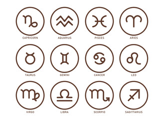 Zodiac signs outline icon clipart set. Horoscope birth month zodiac astrology round symbol clip art like Capricorn, Aquarius, Pisces and Aries drawing outline collection vector illustration. 
