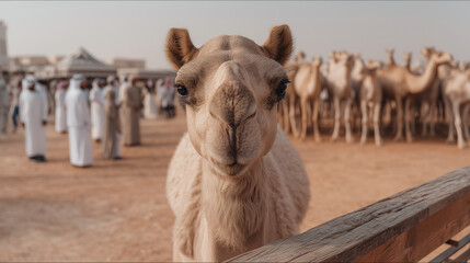 Close-Up of Camel Looking Into the Camera at Buraidah Camel Festival Surrounded by Spectators and Other Camels in Saudi Arabia’s Largest Annual Camel Gathering