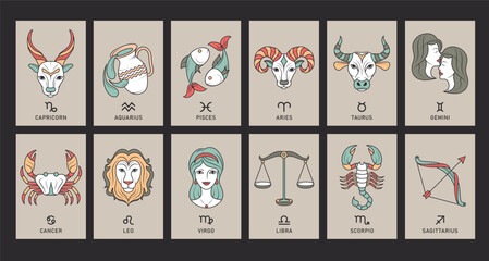 Zodiac signs cards clipart set. Horoscope astrology poster card clip art of 12 birth month pictogram drawing abstract postcard collection vector illustration. 
