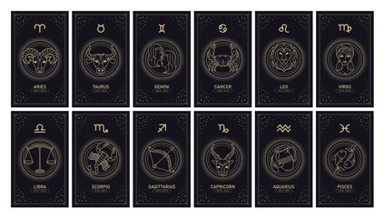 Naklejka na ściany i meble Zodiac horoscope cards clipart set. Astrology zodiac signs poster card clip art of astronomical 12 birth month with border and frame collection vector illustration. 