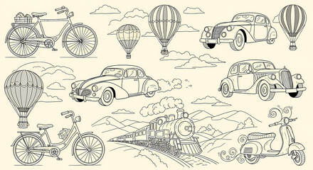 Fototapeta premium Whimsical hand drawn collection of vintage vehicles. Doodle drawings of old bicycles, classic cars, hot air balloons, steam trains and scooters. Simple line art in retro poster style.
