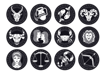 Zodiac signs drawing circle clipart set. Collection of horoscope zodiac pictogram clip art in round circle collection for astronomical symbol elements vector illustration. 
