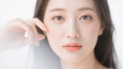 白い背景の前に立つ清楚な女性