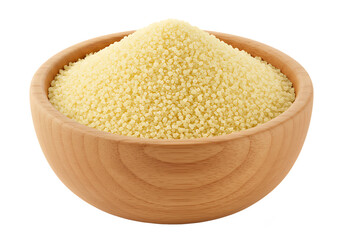 A wooden bowl filled with fresh couscous grains ready for culinary preparation Isolated on transparent background