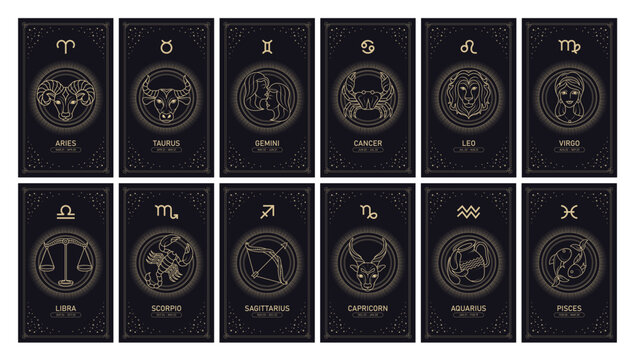 Zodiac horoscope cards clipart set. Astrology zodiac signs poster card clip art of astronomical 12 birth month with border and frame collection vector illustration.