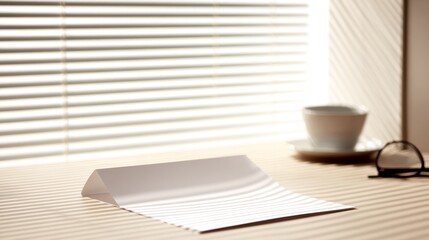 A minimalist office desk holds a blank paper sheet with morning sunlight streaming through blinds and workspace essentials softly blurred.
