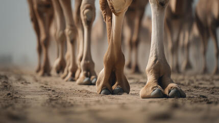 Close-Up of Camel Feet Walking in the Desert at Buraidah Camel Festival Capturing the Movement, Dust, and Power of the Majestic Animals in a Traditional Saudi Arabian Setting