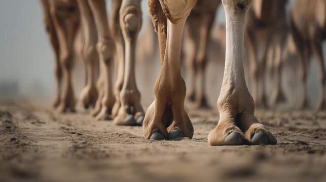 Close-Up of Camel Feet Walking in the Desert at Buraidah Camel Festival Capturing the Movement, Dust, and Power of the Majestic Animals in a Traditional Saudi Arabian Setting
