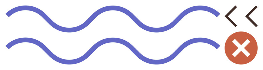 Obraz premium Blue wavy lines suggesting flow beside arrows and a red X denoting interruption, rejection, or restriction. Ideal for workflow, obstacle, disapproval, process, limitation, decision-making