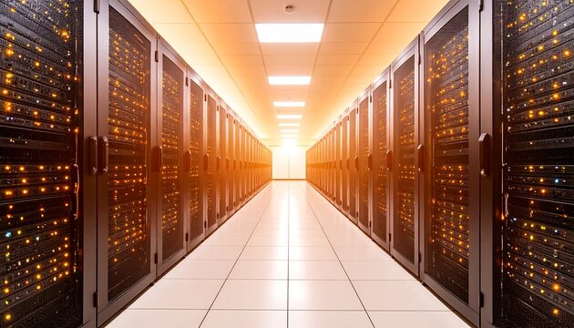 Server racks line a server room hallway