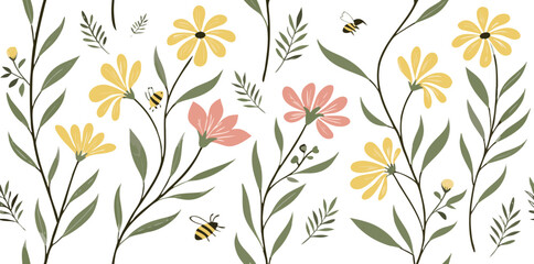 Watercolor Wildflower Pattern with Bees