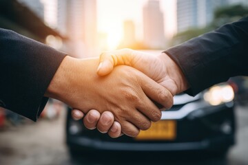 Two people shaking hands in front of a car