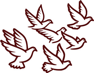 Obraz premium Illustration of a flock of doves in flight with detailed wing outlines against a white background view