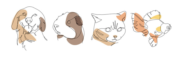 Set of pets in one line drawing style. Dog, guinea pig, cat, and fish. Editable colored vector illustration.