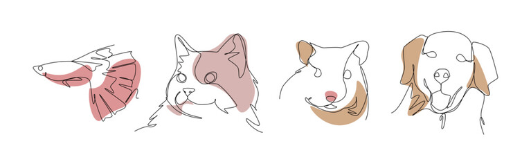 Set of pets in one line drawing style. Fish, cat, hamster, and dog. Editable colored vector illustration.