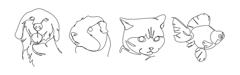 Set of pets in one line drawing style. Dog, guinea pig, cat, and fish. Editable vector illustration.