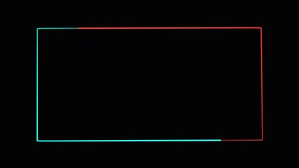 Square rectangle picture frame with two tone neon color motion graphic on isolated sky blue and red color light black background.