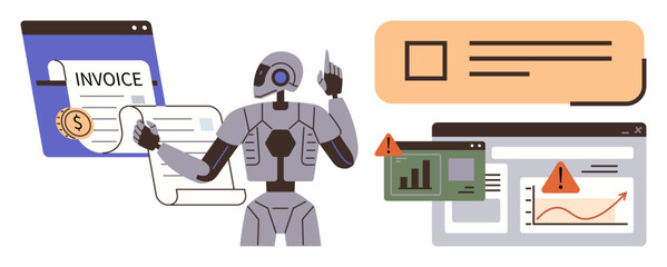 Robot processing invoice and data charts, managing alerts, graphs, and documents digitally. Ideal for automation, AI, finance, technology innovation data analysis workflow solutions. Simple flat