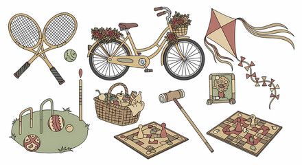Set of playful hand drawn sports and leisure illustrations. Doodle drawings of retro tennis rackets, bicycles, picnic baskets, croquet mallets, kites and board games. Vintage line art style