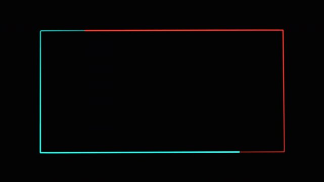 Square rectangle picture frame with two tone neon color motion graphic on isolated sky blue and red color light black background.