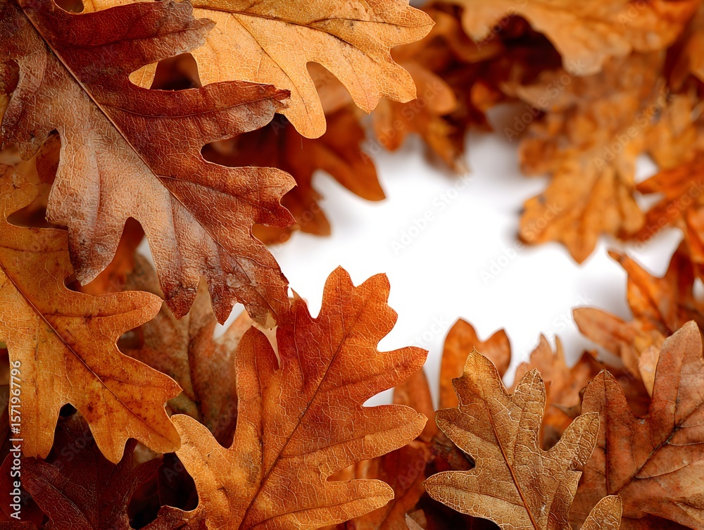 Wall mural a selection of vibrant and colorful autumn oak leaves are arranged artfully on a plain white backgro