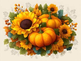 Vibrant sunflowers and pumpkins are artfully arranged amidst colorful foliage in an autumnal floral display.