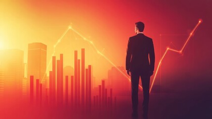 Businessman overlooking city skyline with rising graphs. Vivid orange-red background