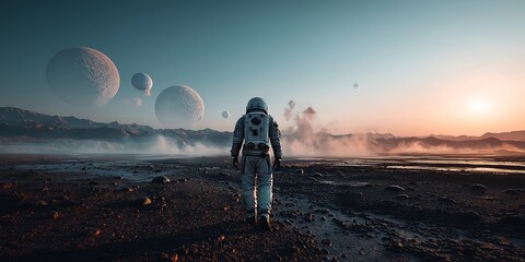 Astronaut walking on barren alien planet with cinematic planets in background, lonely sci-fi scene

