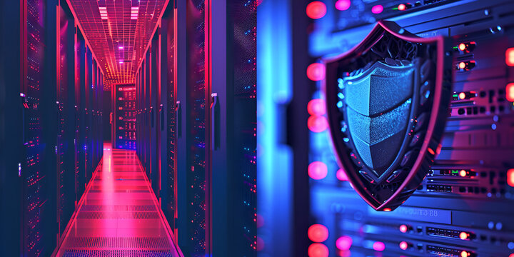 Data center with shield icon for cyber protection, Secure server room with glowing protection shield, Digital data security shield in modern data center

