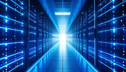 Server room, glowing blue tech