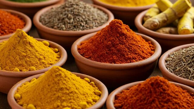 Colorful spices in bowls showcasing culinary diversity