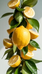 Fresh lemons on a branch with water droplets and green leaves