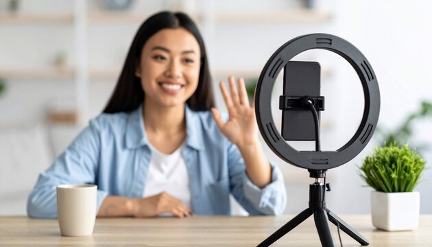 Smiling Asian woman waving hello to camera, likely for a video blog or social media post, using a ring light and smartphone.