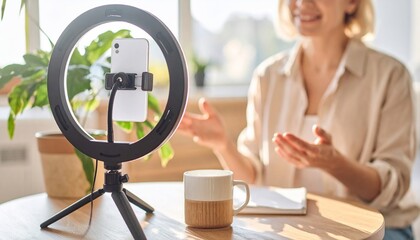 Woman filming a video with a ring light and smartphone, smiling.